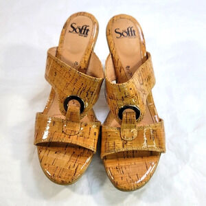 Sofft Tan Slide Heeled Sandals Leather Cork Faux Wooden 4” Heels 8.5
